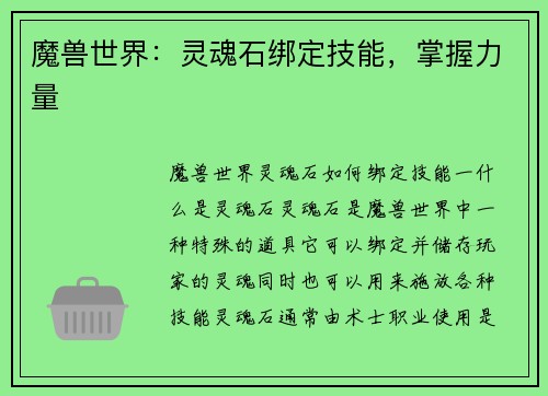 魔兽世界：灵魂石绑定技能，掌握力量